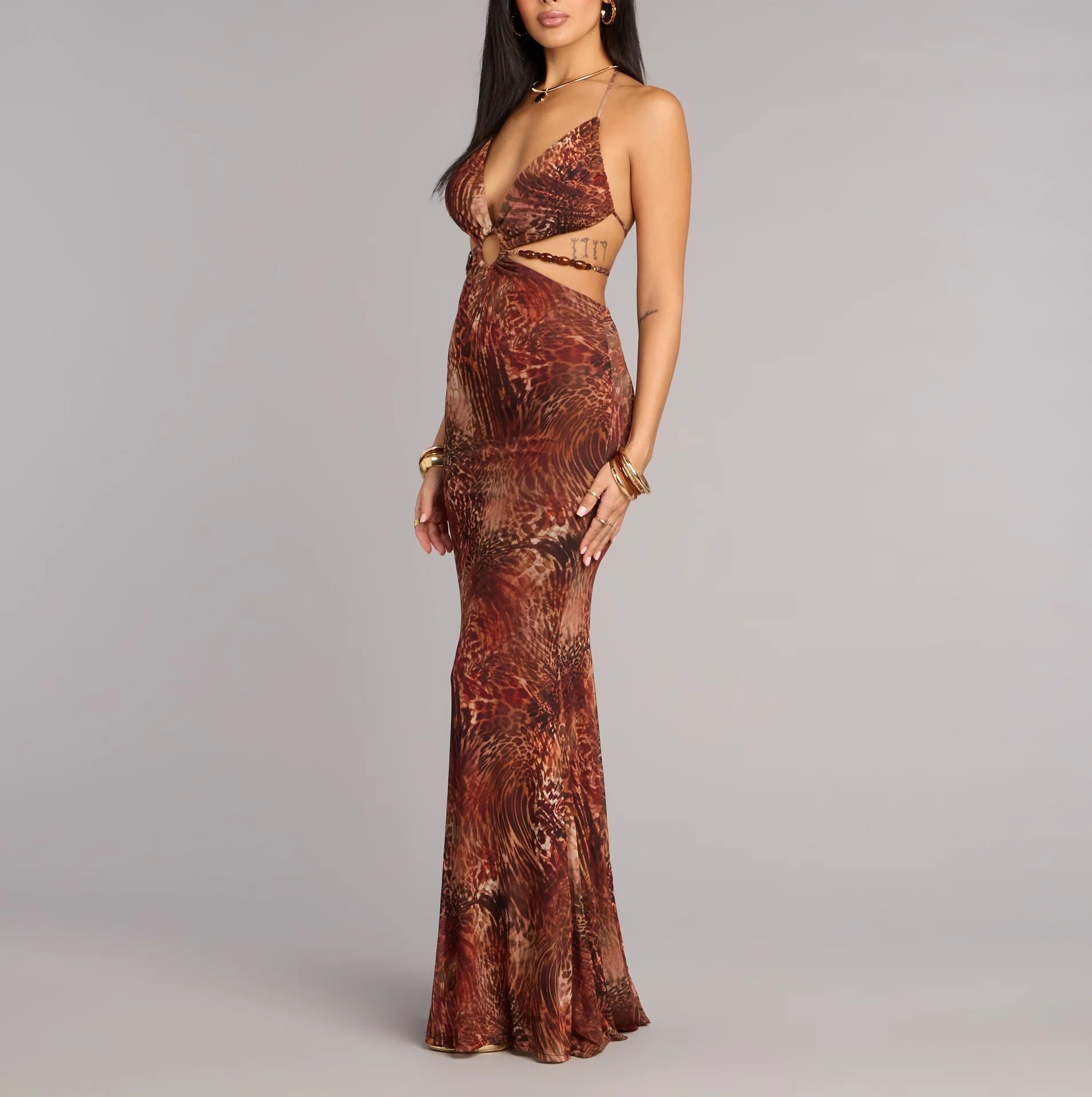 Wild Chic咖啡奶油色豹紋露腰珠鏈長洋裝