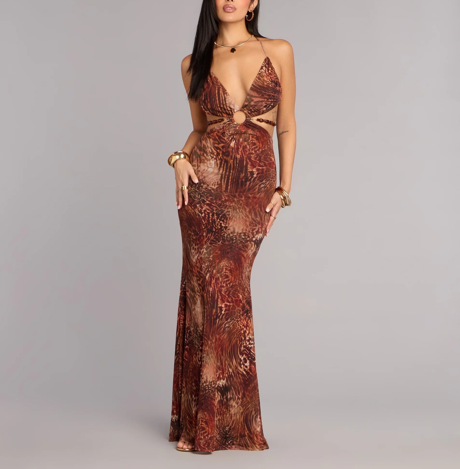 Wild Chic咖啡奶油色豹紋露腰珠鏈長洋裝