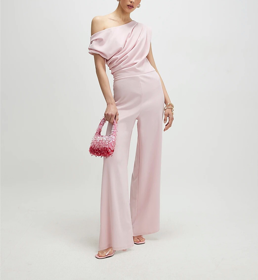Pink粉紅色單肩抓縐連身長寬褲 Jumpsuit