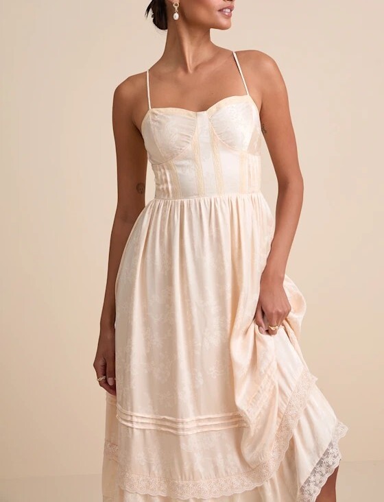 Blush Peach淺蜜桃腮紅色蕾絲提花緞面馬甲Dress