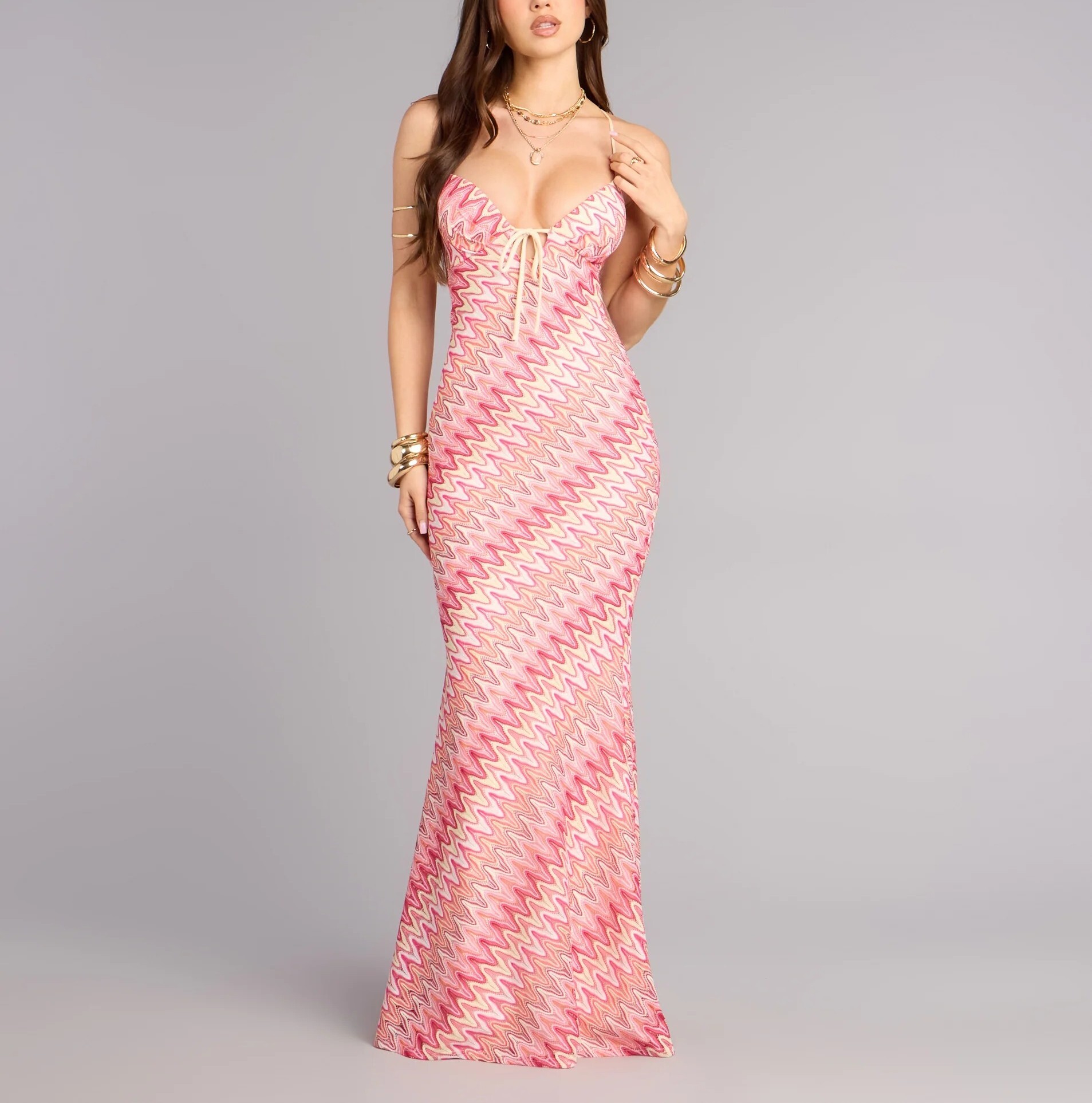 Pink Crochet粉紅色渦旋紋路手勾針織長洋裝