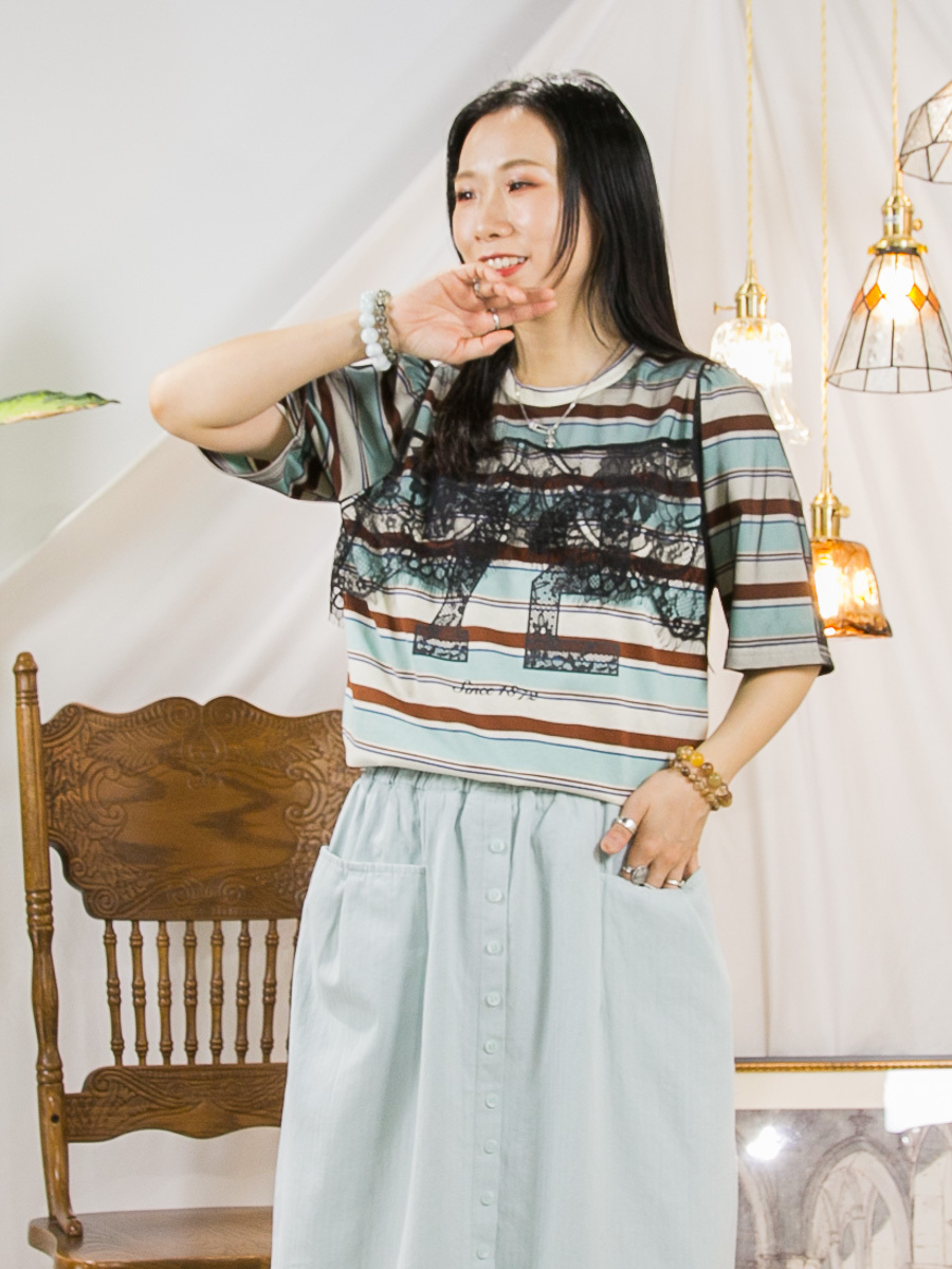 【3/4-7/4限時優惠】【3-7/4滿$1000送禮物】領位 手袖 LACE網布．英文字PRINT．橫間COTTON料TOP