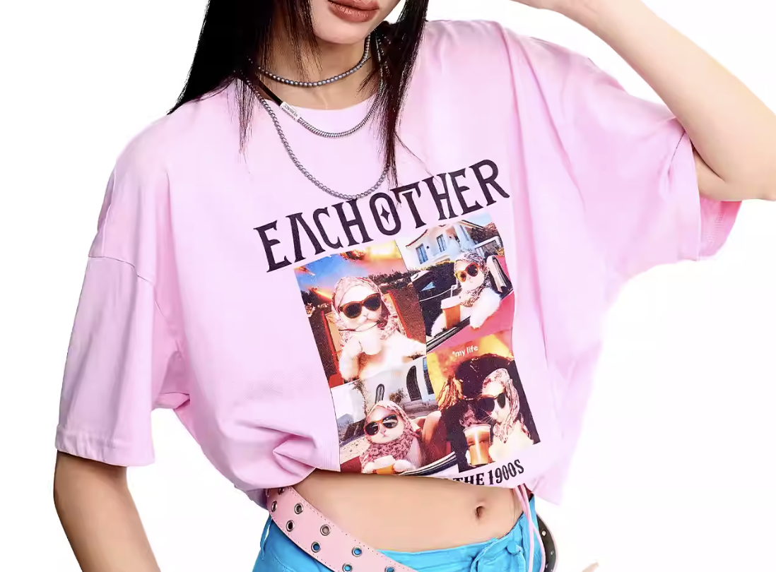 0403gz01-春季服飾-字母型格貓咪印花小性感露背T恤-粉色(A1)