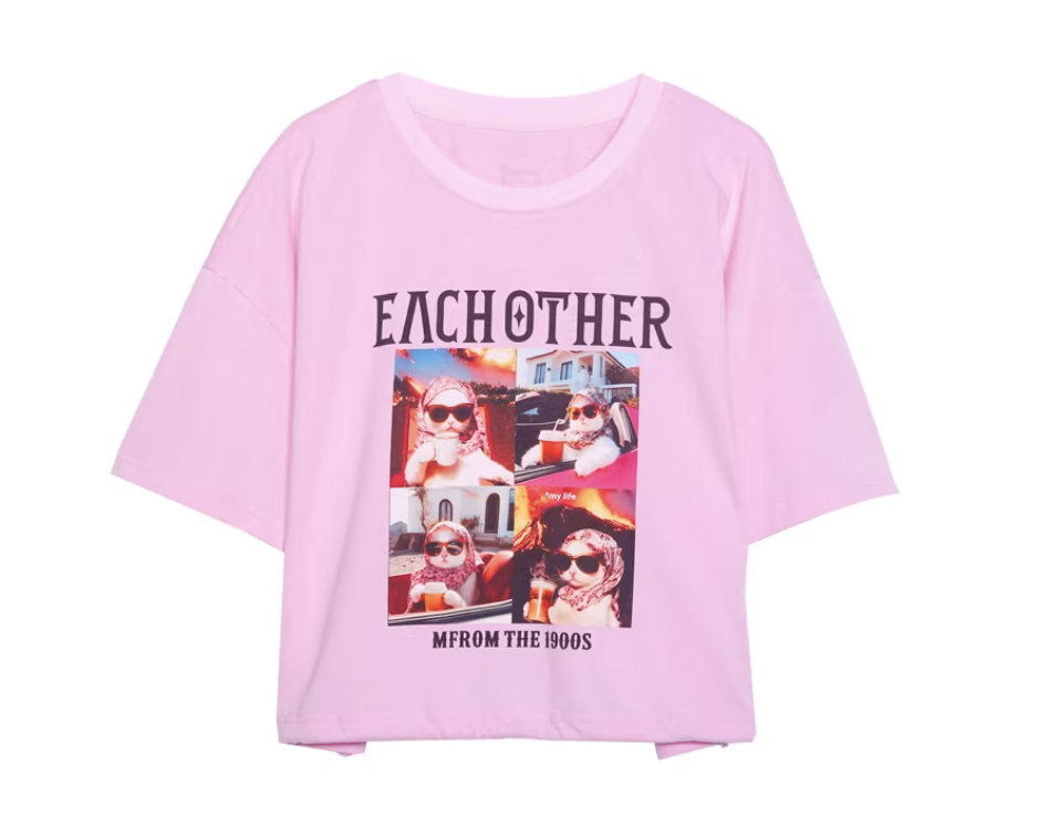 0403gz01-春季服飾-字母型格貓咪印花小性感露背T恤-粉色(A1)