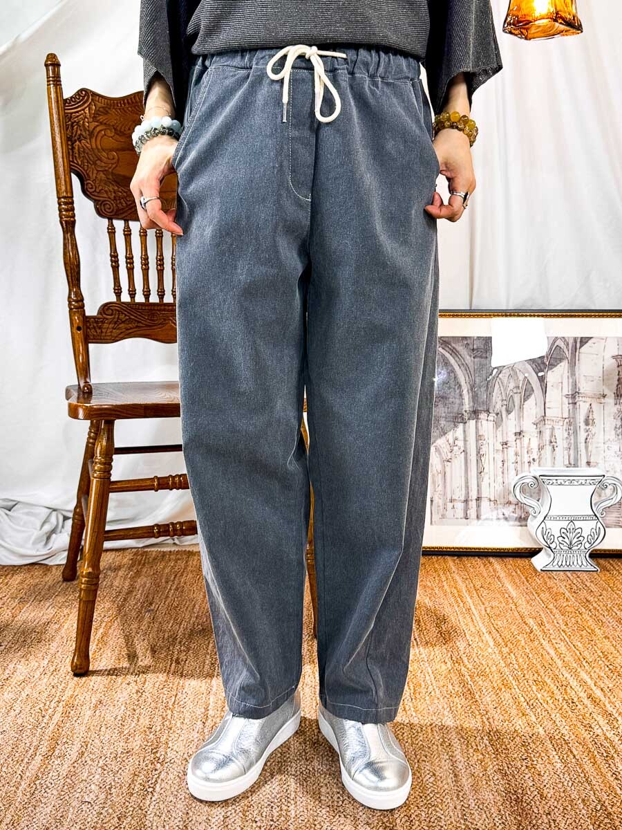 【3/4-7/4限時優惠】【3-7/4滿$1000送禮物】橡根腰束繩．拼色車線．扯布料直腳褲 (有袋)