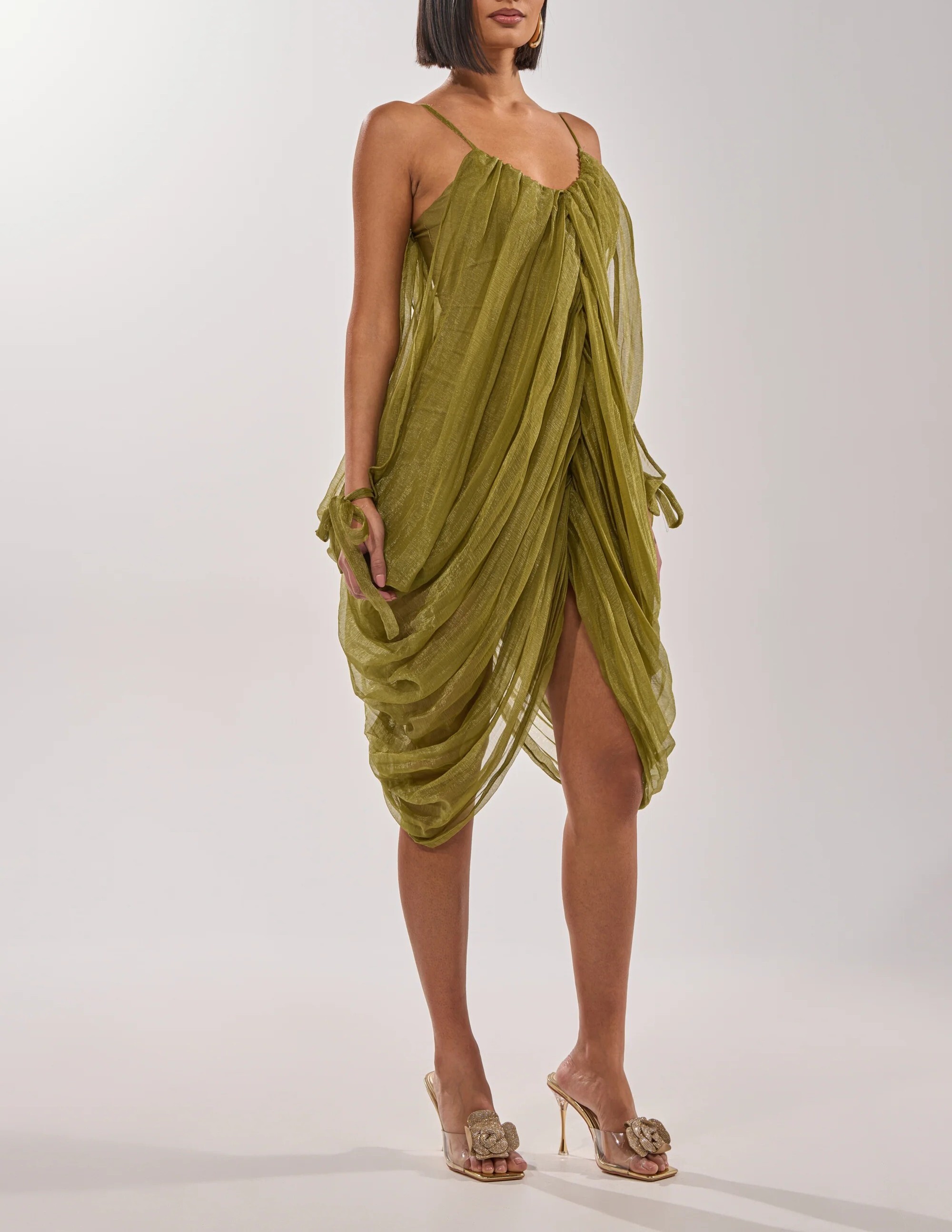 Olive Green橄欖綠色網紗壓摺飾綁帶袖Dress