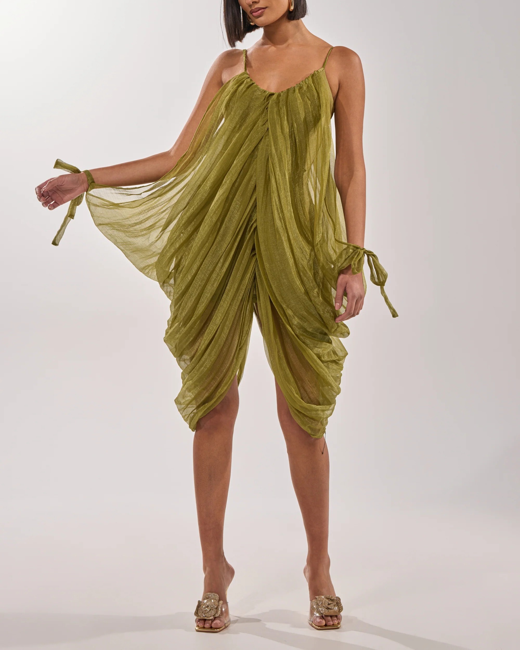 Olive Green橄欖綠色網紗壓摺飾綁帶袖Dress