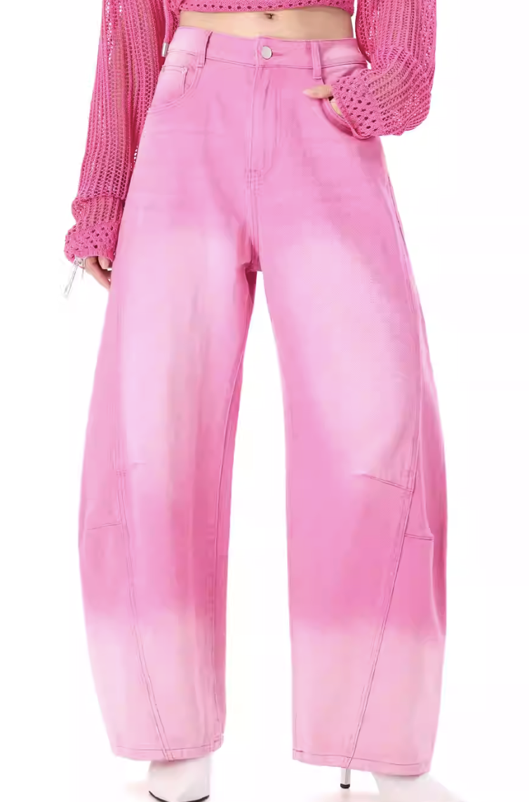 0403gz03-春季服飾-潮牌彎刀洗水磨白高腰寬鬆闊腿粉色牛仔褲(A3)