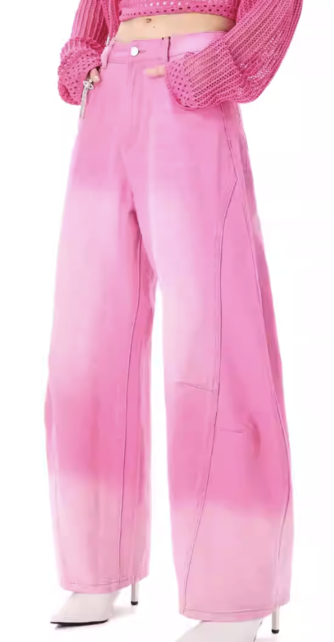 0403gz03-春季服飾-潮牌彎刀洗水磨白高腰寬鬆闊腿粉色牛仔褲(A3)