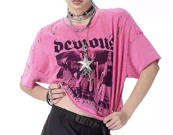 0403gz04-春季服飾-美式印花做舊潮流破洞寬鬆短T恤-粉色(A4)