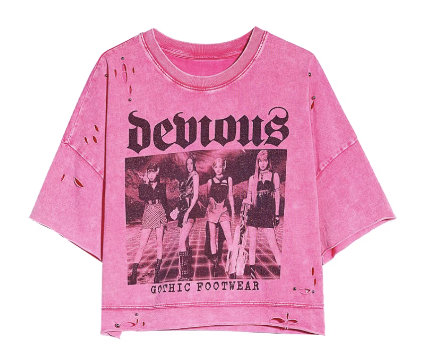 0403gz04-春季服飾-美式印花做舊潮流破洞寬鬆短T恤-粉色(A4)