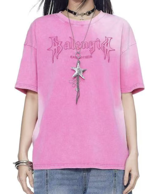 0403gz05-春季服飾-美式寬鬆慵懶字母刺繡遮肉顯瘦中長款短袖T恤-粉色(A5)
