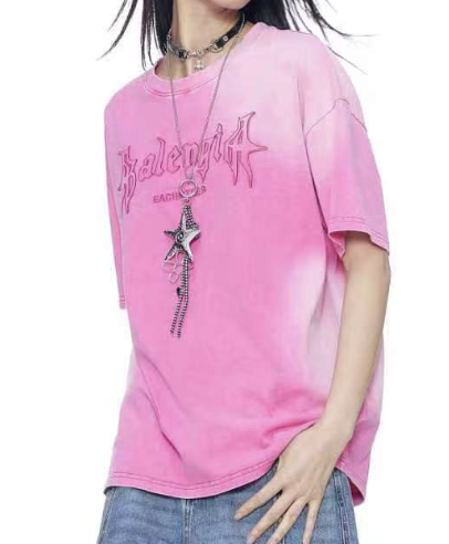 0403gz05-春季服飾-美式寬鬆慵懶字母刺繡遮肉顯瘦中長款短袖T恤-粉色(A5)