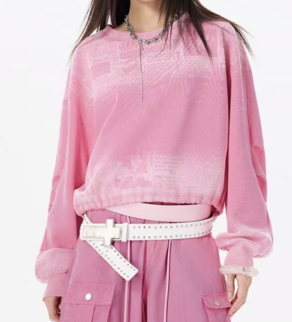 0403gz06-春季服飾-寬鬆圓領套頭撞色字母印花短衛衣-均碼(A6)