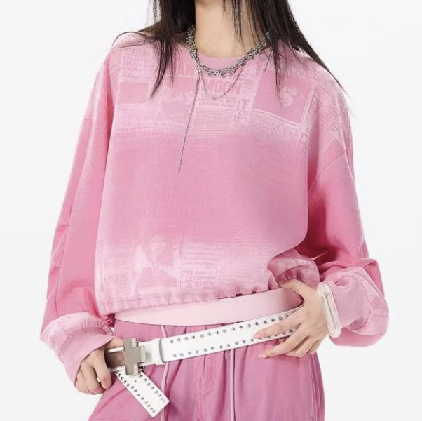 0403gz06-春季服飾-寬鬆圓領套頭撞色字母印花短衛衣-均碼(A6)