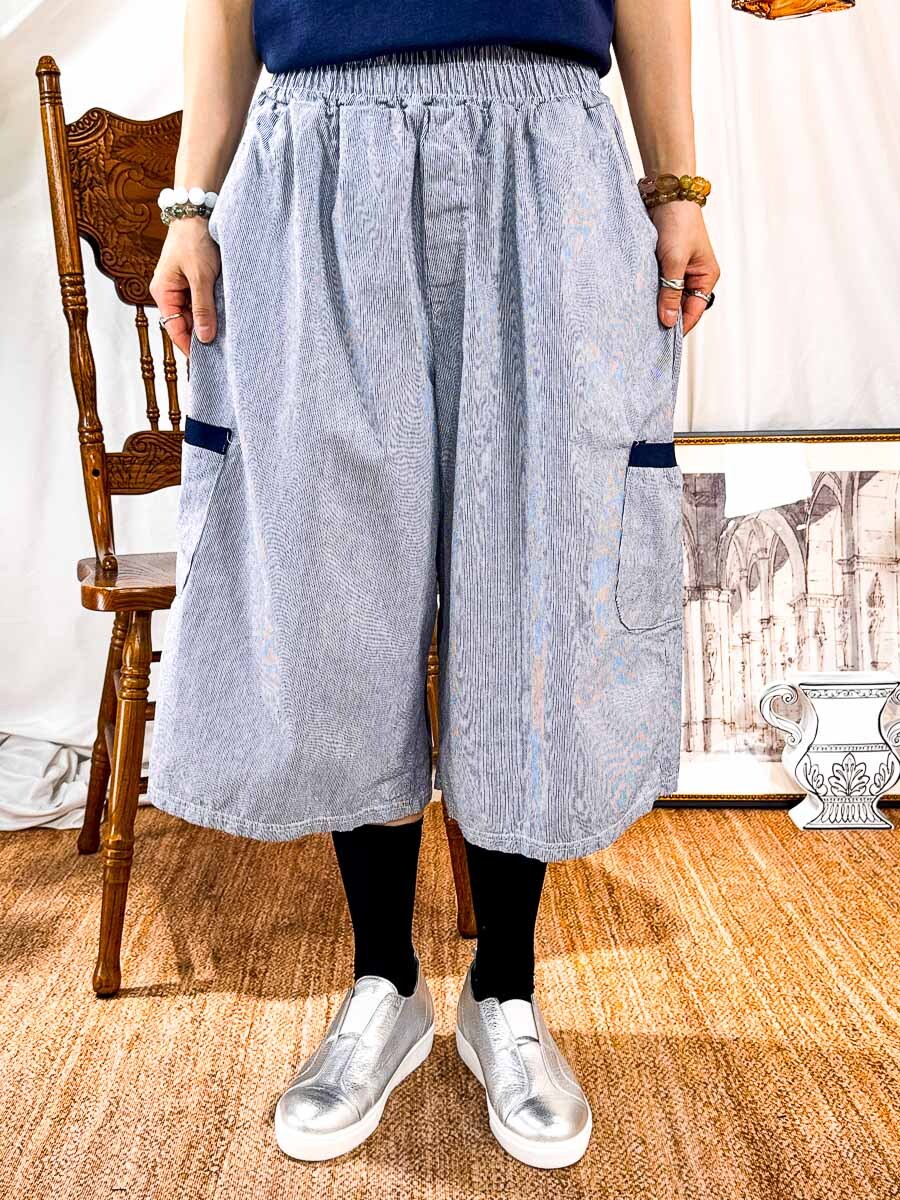 【3/4-7/4限時優惠】【3-7/4滿$1000送禮物】橡根腰．袋邊拼色．直紋麻棉料褲