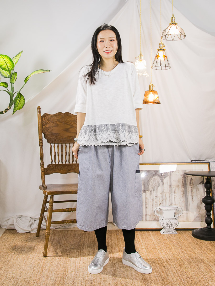 【3/4-7/4限時優惠】【3-7/4滿$1000送禮物】橡根腰．袋邊拼色．直紋麻棉料褲