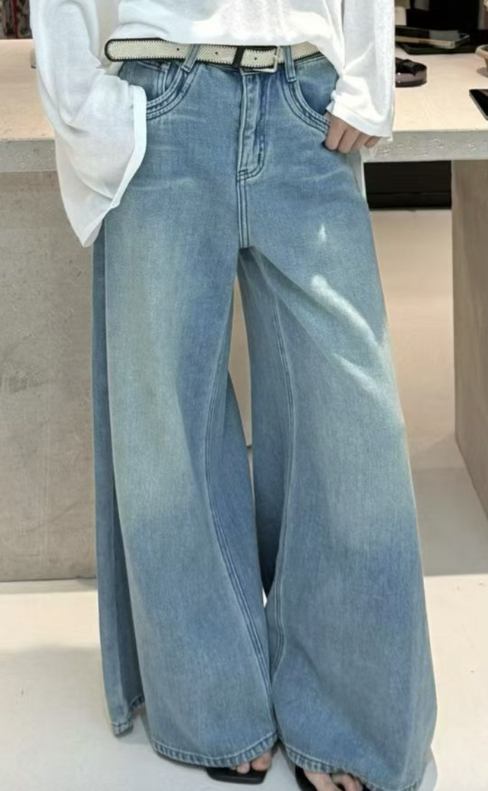 0403gz08-春季服飾-型格寬鬆闊腿鹽湖色牛仔褲(A8)