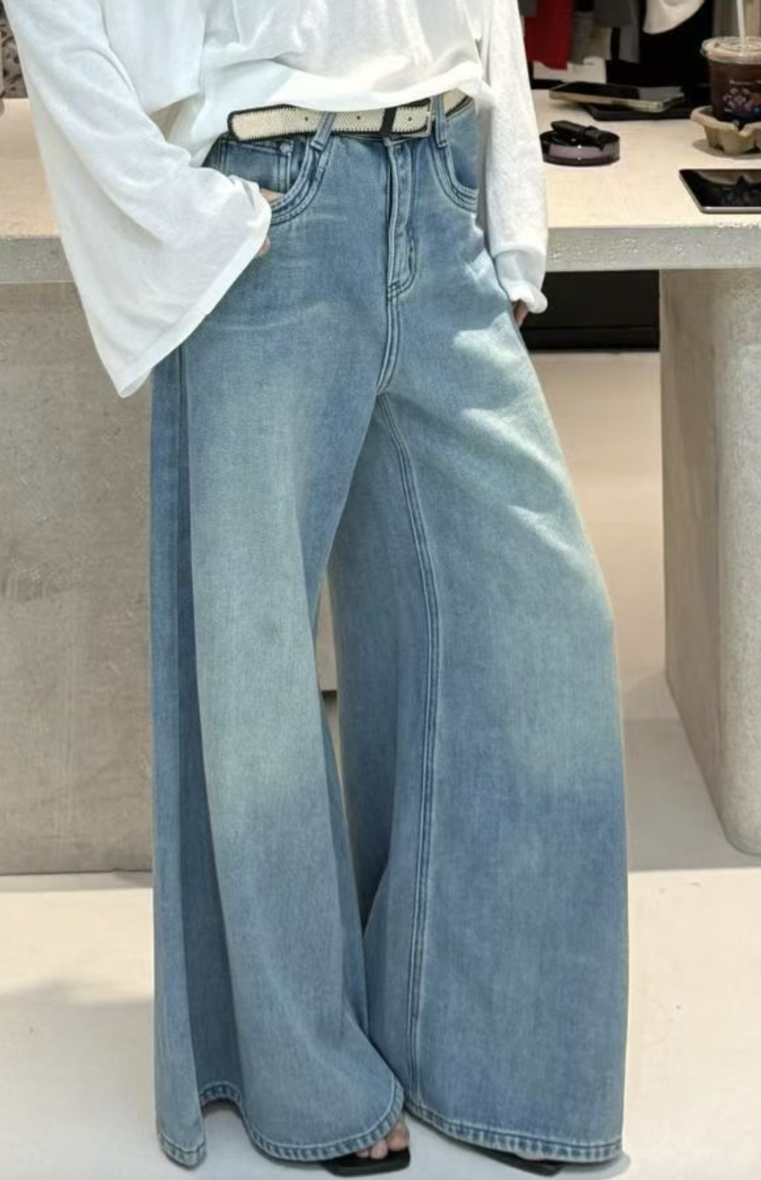 0403gz08-春季服飾-型格寬鬆闊腿鹽湖色牛仔褲(A8)