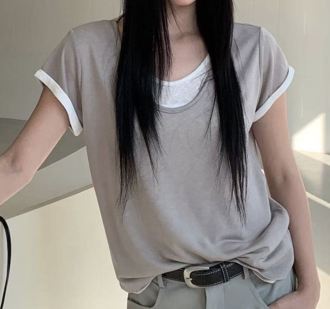 0403gz09-春季服飾-拼色假兩件T恤-均碼(A9)