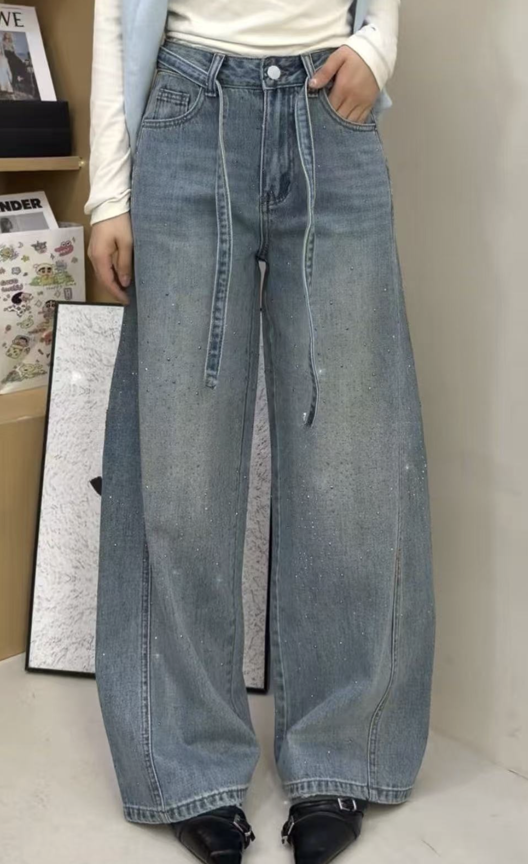 0403gz12-春季服飾-爆款鑽鑽彎刀藍色牛仔褲(A12)