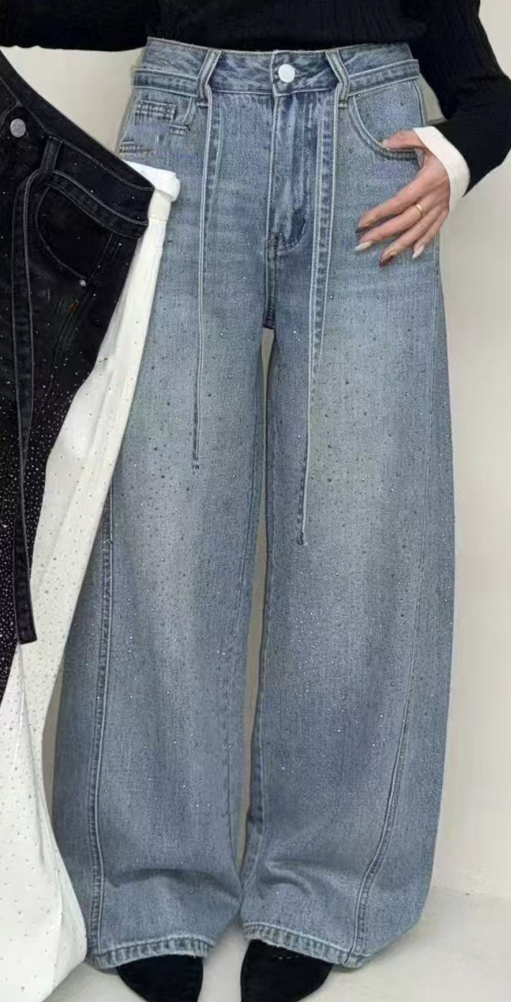 0403gz12-春季服飾-爆款鑽鑽彎刀藍色牛仔褲(A12)