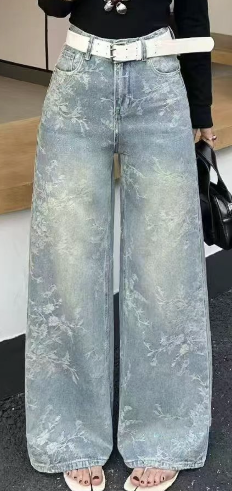 0403gz13-春季服飾-提花鑽鑽闊腳淺藍色牛仔褲(A13)