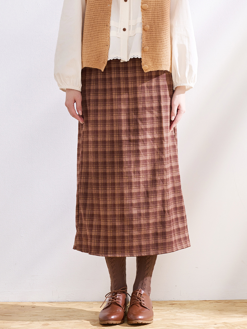 輕磨毛格紋鬆緊腰後開衩H型顯瘦長裙