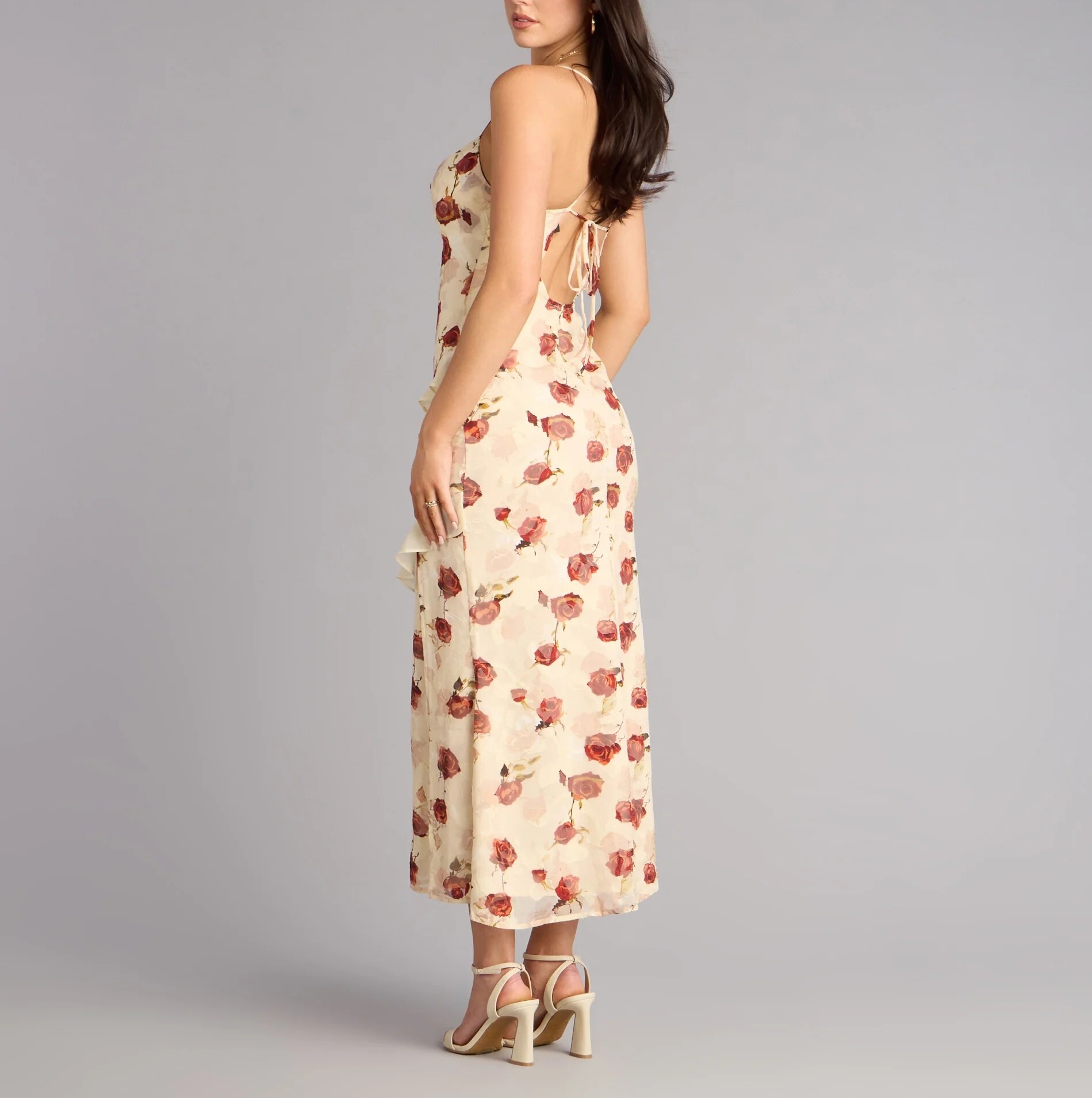 Cream Rose奶油色紅玫瑰雪紡荷葉Midi Dress