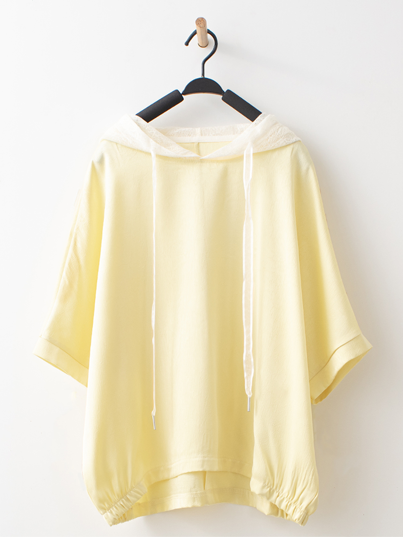 緞面蕾絲連帽五分袖上衣透膚小立領內搭碎花長洋裝組合