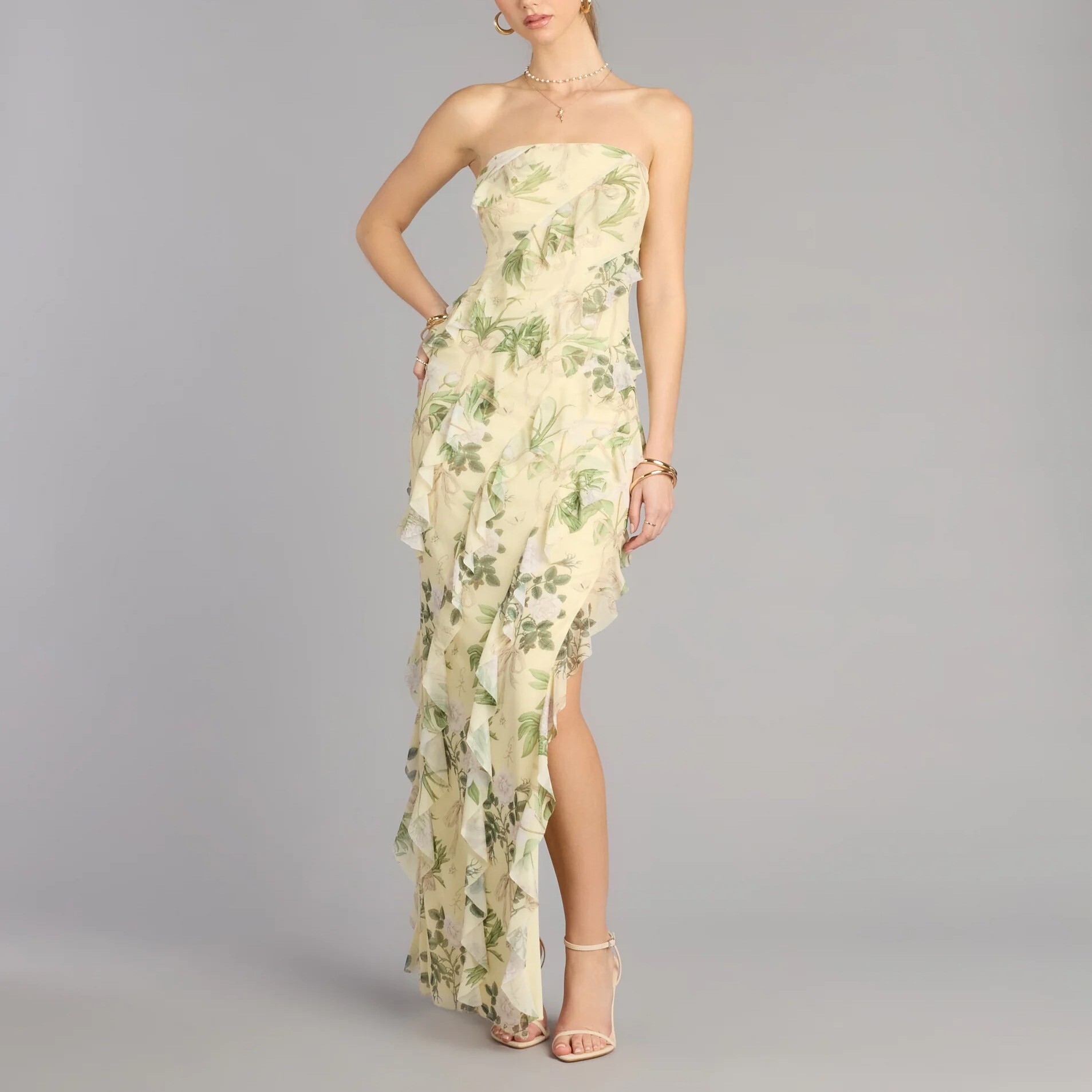 Butter Yellow奶油黃色花卉印花層次和葉飾邊 Dress