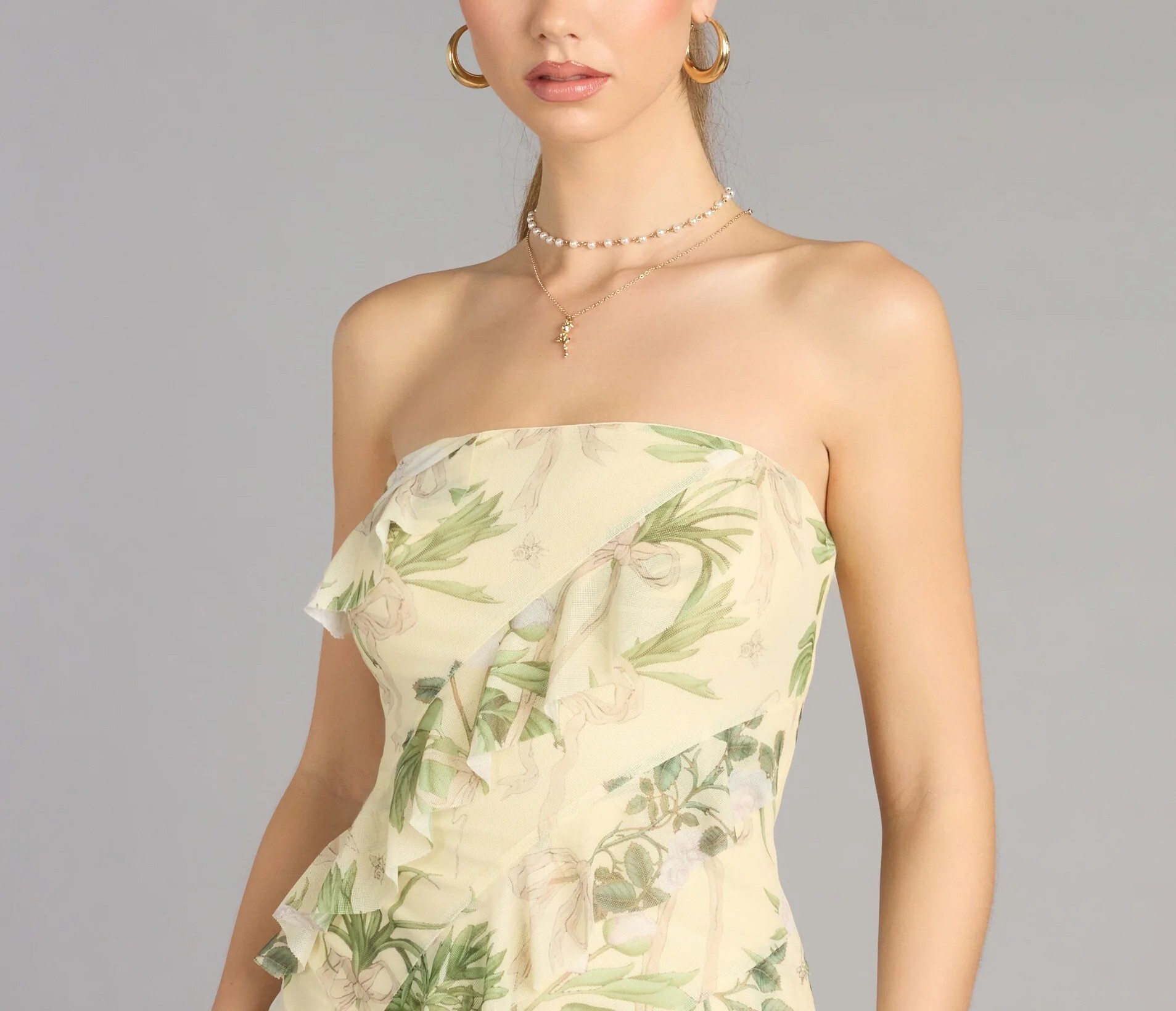 Butter Yellow奶油黃色花卉印花層次和葉飾邊 Dress