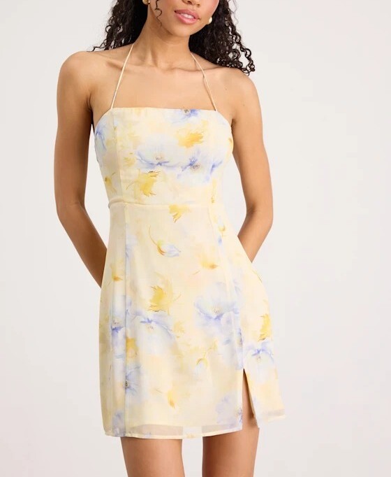 Light Yellow淺檸檬黃色藍印花Mini Dress