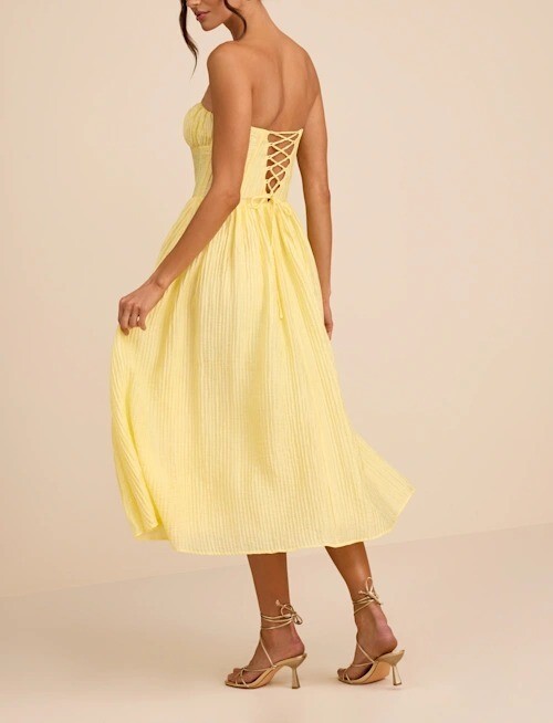 Lemon Yellow檸檬黃色壓褶馬甲Midi Dress