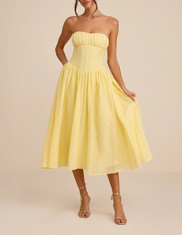 Lemon Yellow檸檬黃色壓褶馬甲Midi Dress