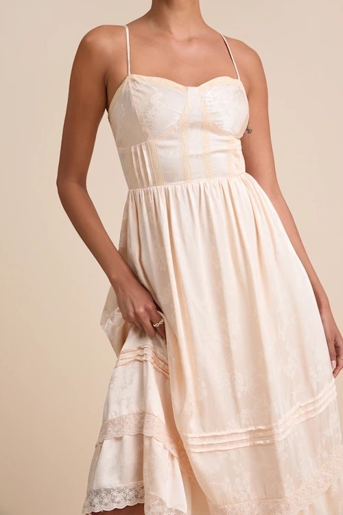 Blush Peach淺蜜桃腮紅色蕾絲提花緞面馬甲Dress