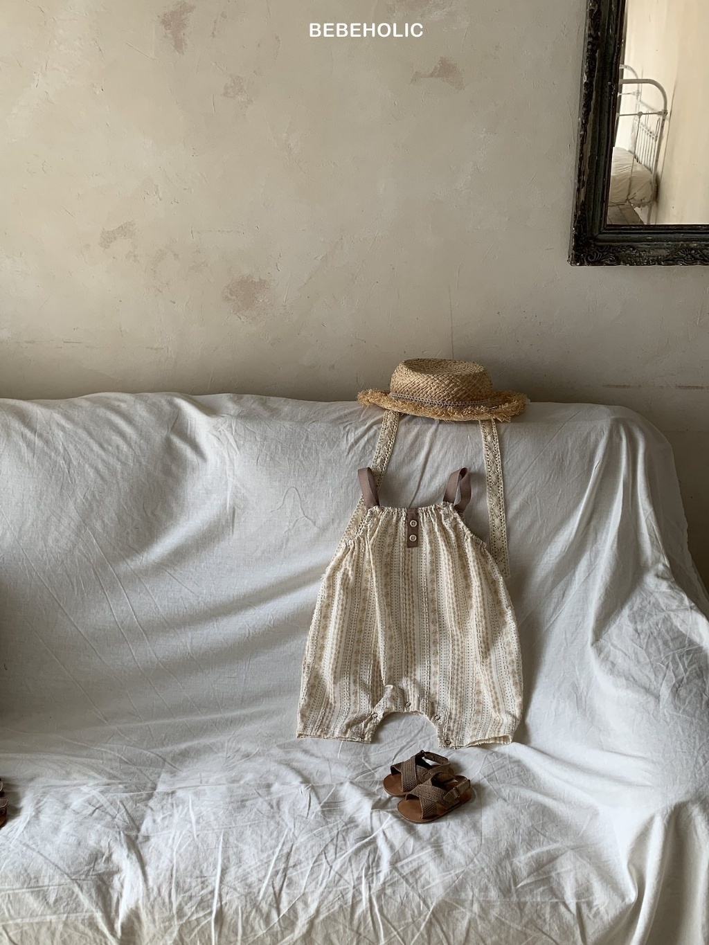正韓夏bebeholic 嫩嬰民俗風撞色吊帶包屁衣
