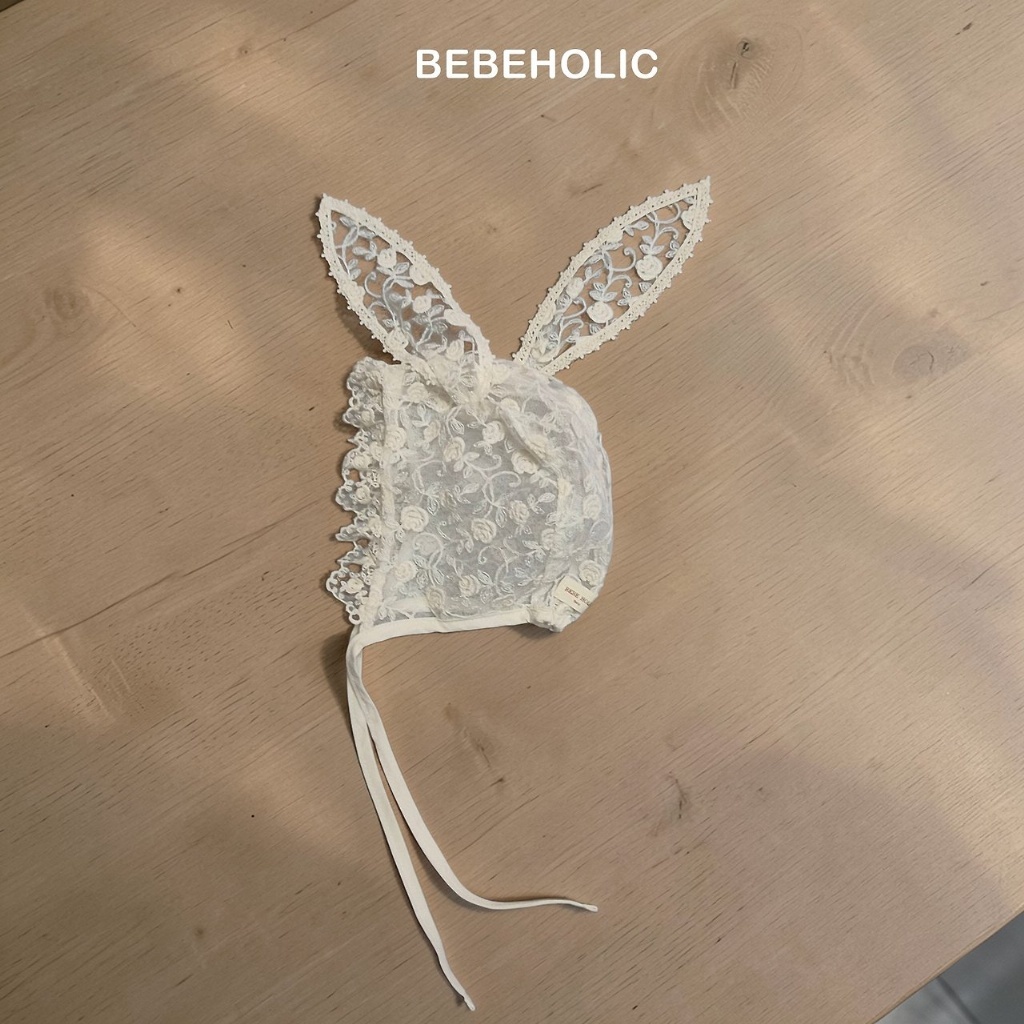 正韓夏bebeholic 嫩嬰小兔蕾絲綁帶帽
