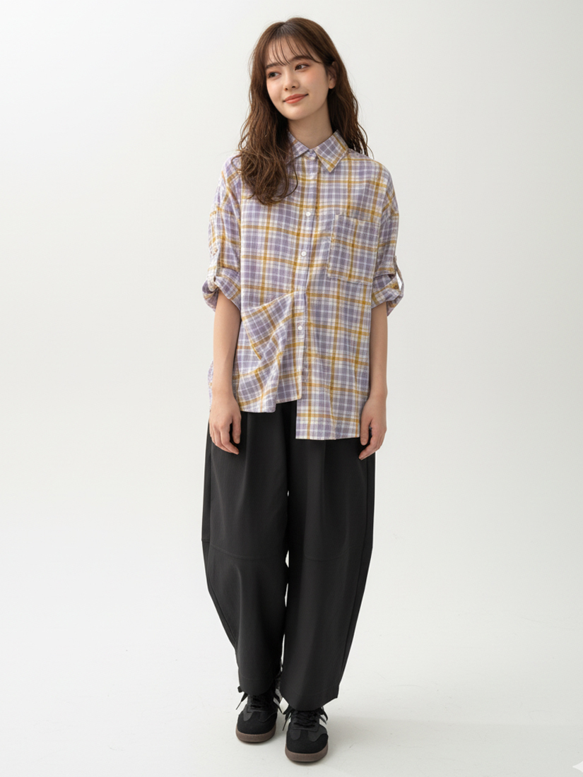 紫芋泥格紋襯衫打褶剪接蘿蔔繭型褲組合