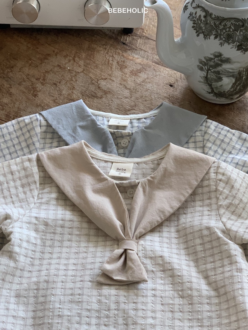 正韓夏bebeholic 嫩嬰小方格領結上衣