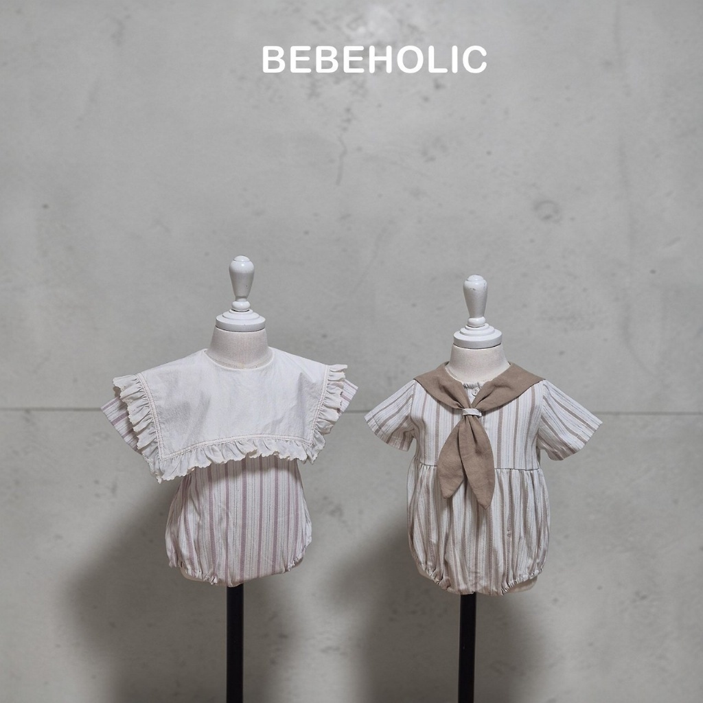 正韓夏bebeholic 嫩嬰直條大領邊包屁衣