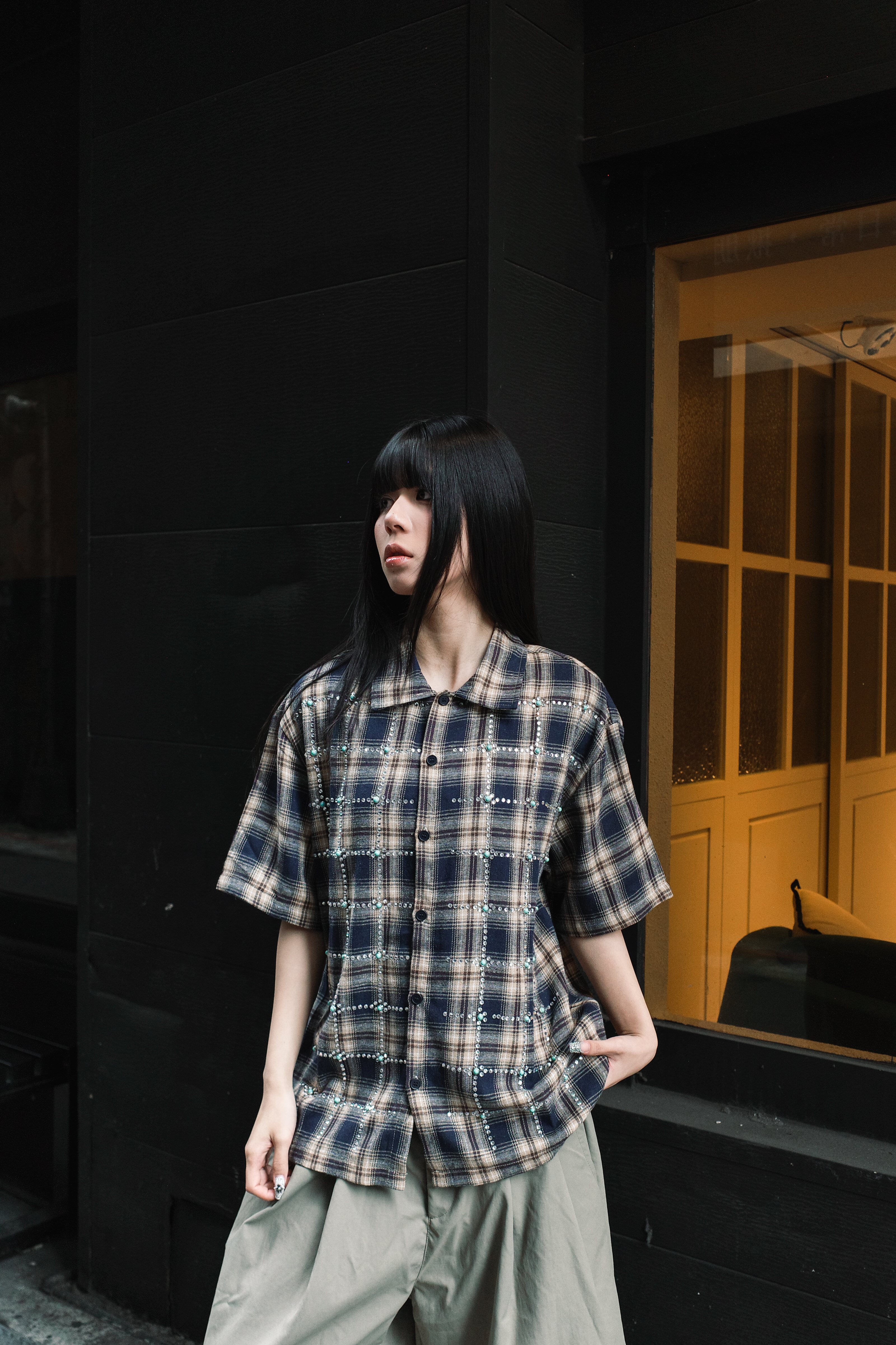 『Always_Good』貼鑽 寶石 格紋 短袖 襯衫