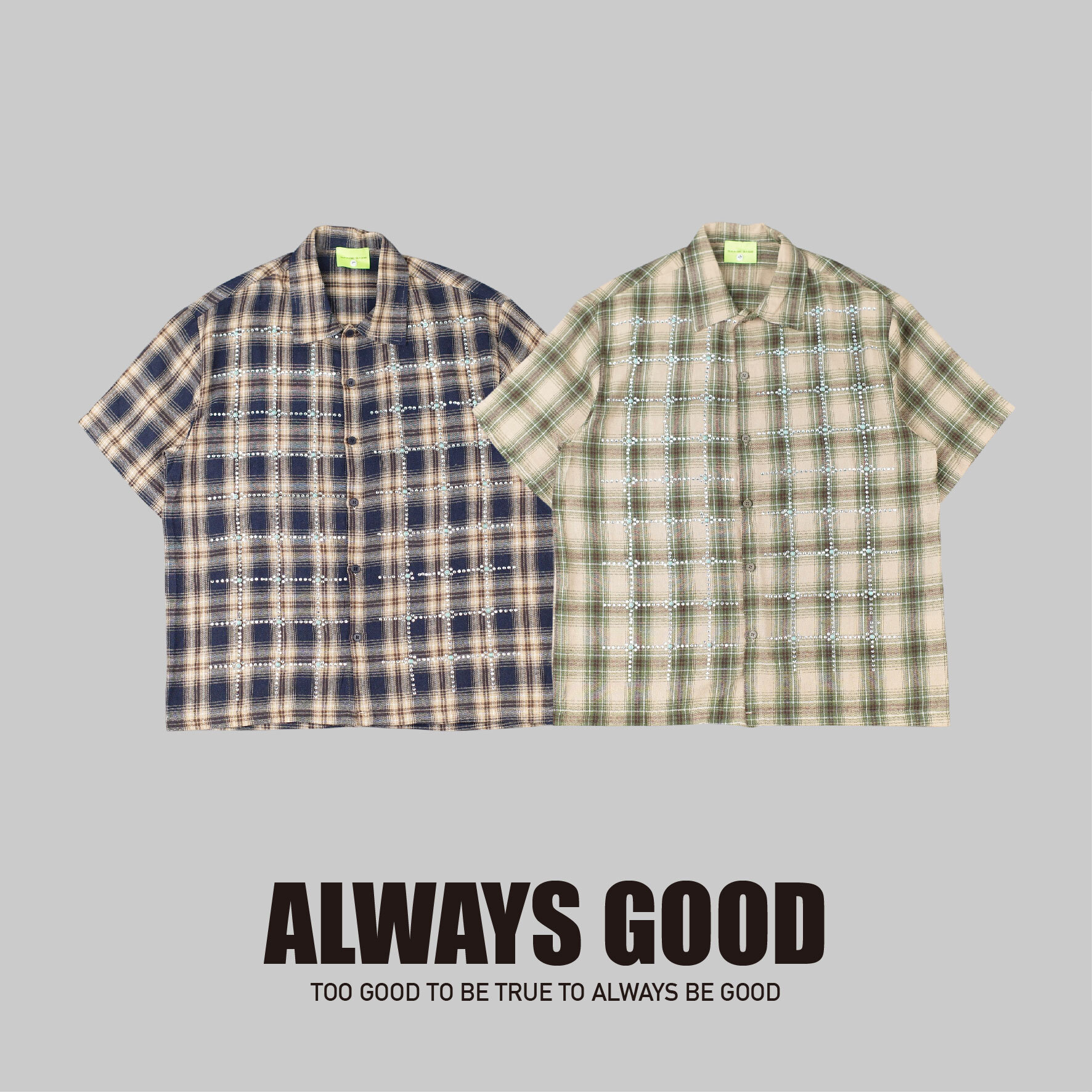 『Always_Good』貼鑽 寶石 格紋 短袖 襯衫