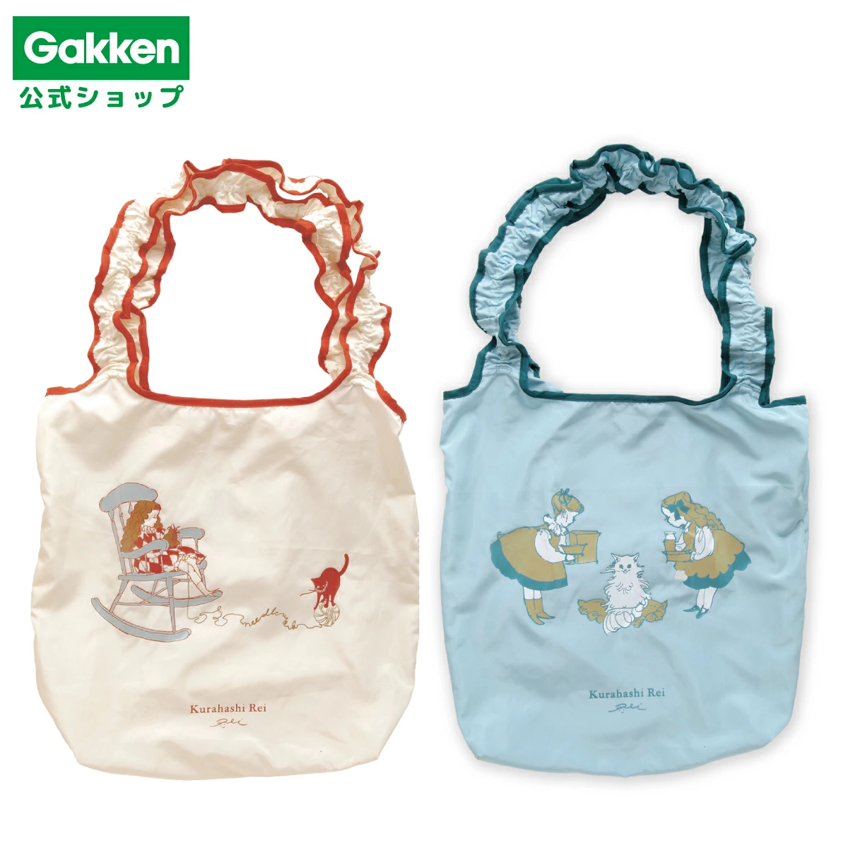 貓咪與女孩 荷葉邊 環保購物袋｜日本 倉橋伶衣