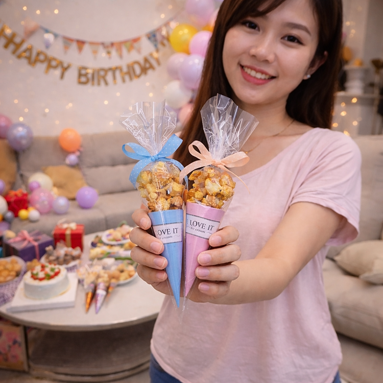 在生日派對佈置的室內空間中，一位微笑年輕女子穿著粉色上衣，雙手向前拿著兩支甜筒造型爆米花，一支藍色包裝、一支粉色包裝，上方綁著蝴蝶結；背景可見氣球、蛋糕、禮物與 Happy Birthday 字樣裝飾。