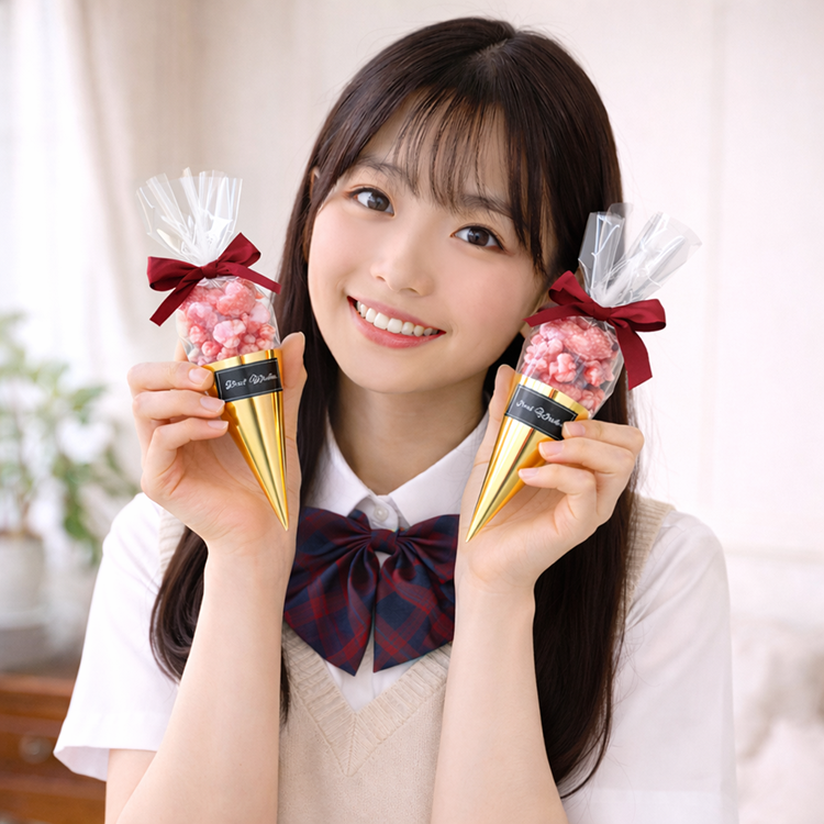 穿著制服的少女手拿兩支草莓口味「愛的爆爆」爆米花甜筒，粉紅色的爆米花搭配精緻金箔甜筒包裝，營造青春活力的視覺感，適合校慶、畢業季贈禮。