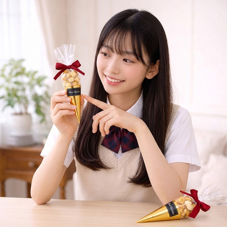 一位長髮高中女生坐在室內桌前，手拿一支金色甜筒造型爆米花並微笑注視，另一支爆米花甜筒放在桌上，包裝綁有紅色蝴蝶結，整體畫面明亮柔和。