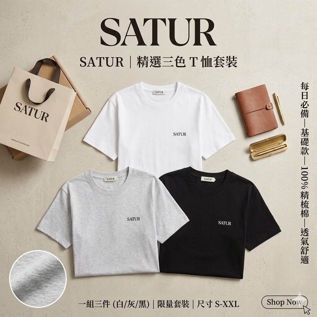 【直播】SATUR LX0402501 短袖上衣三件套裝 (白/灰/黑)