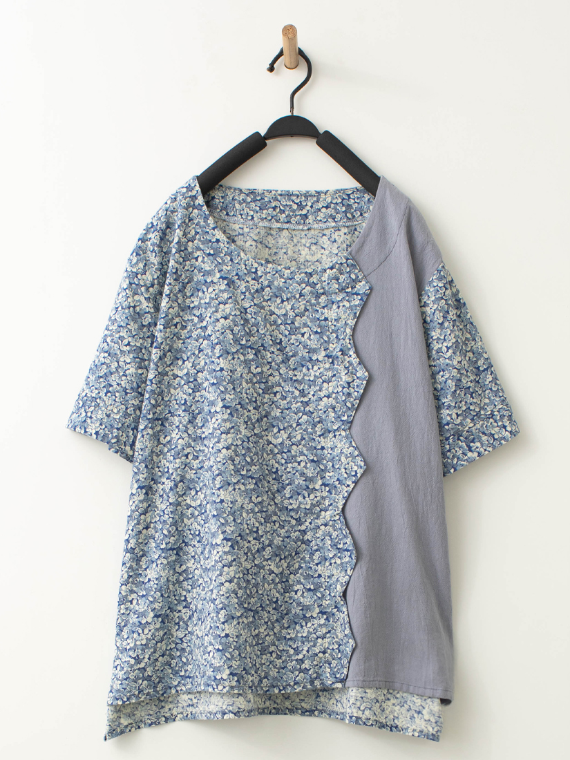 日系自然棉麻拼接短袖上衣