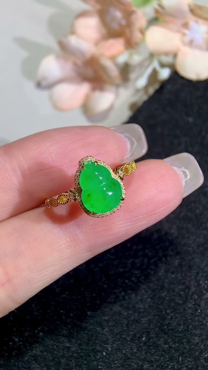 翡翠辣綠葫蘆女戒,天然翡翠A玉, 緬甸玉, Jade, Jadeite